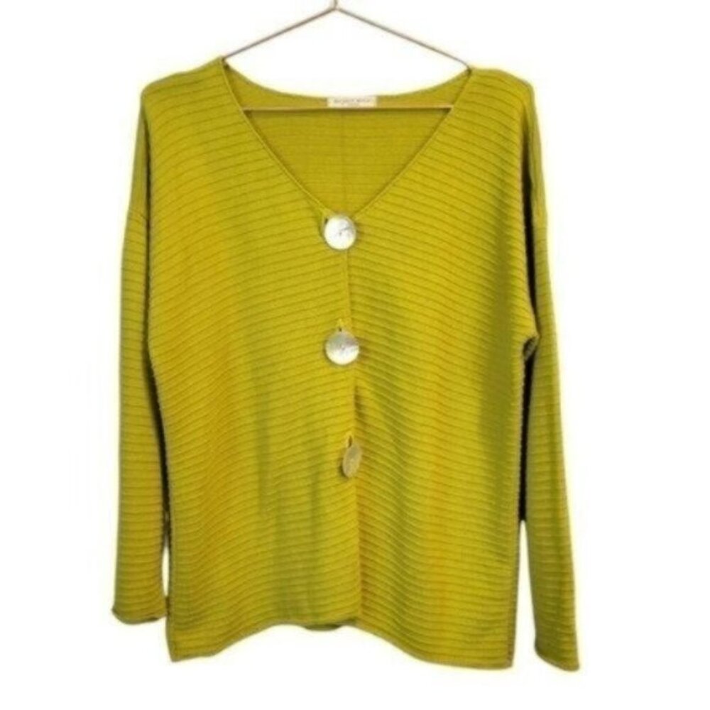Margaret Winters | Mother of Pearl Button Ribbed knit Sweater Green yellow
